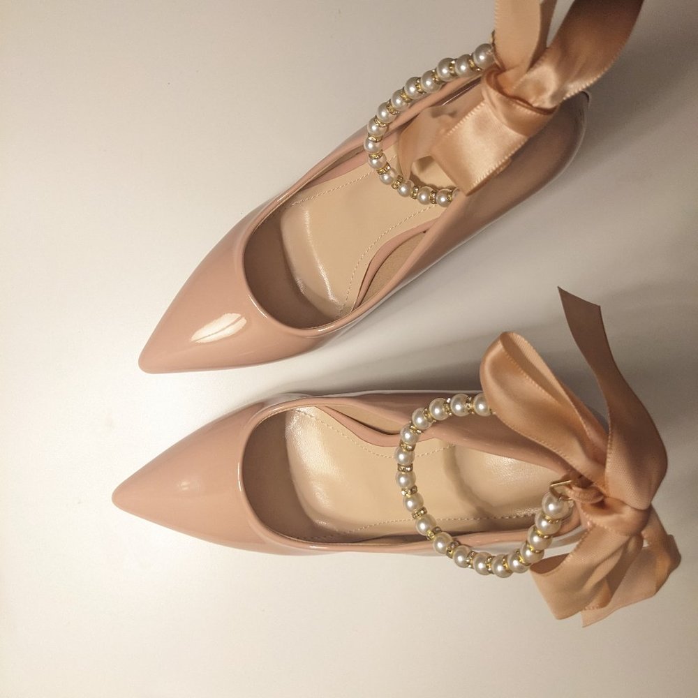 Baby Pink Chucky Heel Pumps with Pearl and Bow Decor